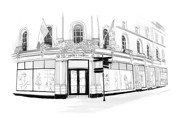 Illustration of a classic department store facade with large windows and flags above the entrance.