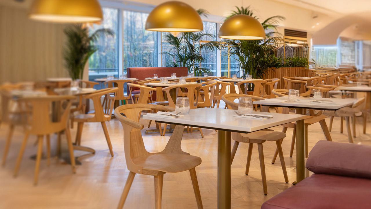 Modern restaurant interior with wooden tables and chairs, large gold lamps, and potted plants.