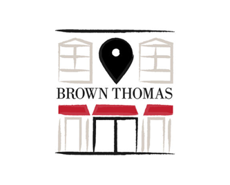 Stylized graphic of a store facade with 'Brown Thomas' text, featuring a location pin symbol above.

